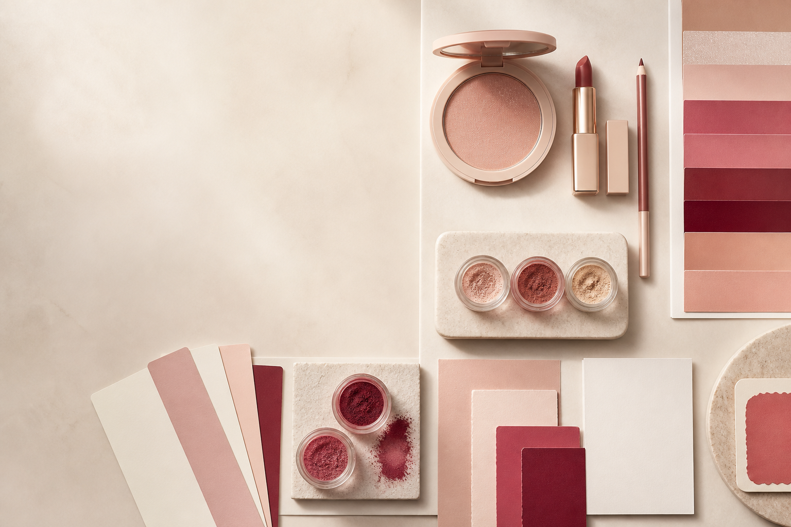 Color cosmetics planning flat lay with shade cards
